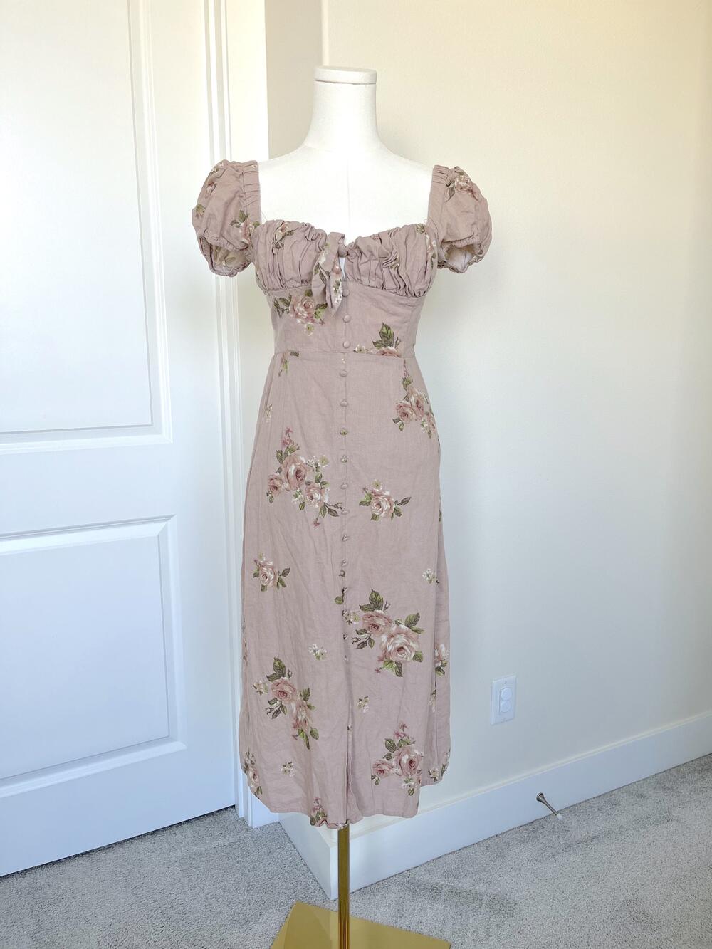 Altar'd State Alexis Linen-Blend Floral Midi Dress - Blush Rose